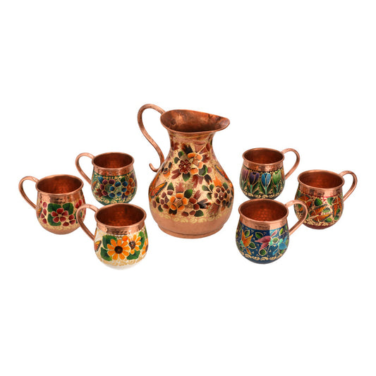 Set of Hand-Painted Copper Jug with 6 Coloured Mugs