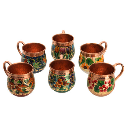 Set of Hand-Painted Copper Jug with 6 Coloured Mugs