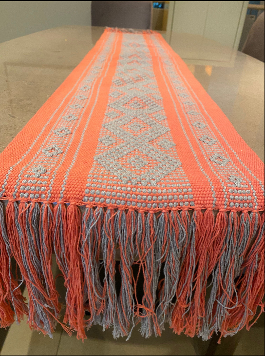 Handwoven Zapotec Table Runner - Watermelon & Grey