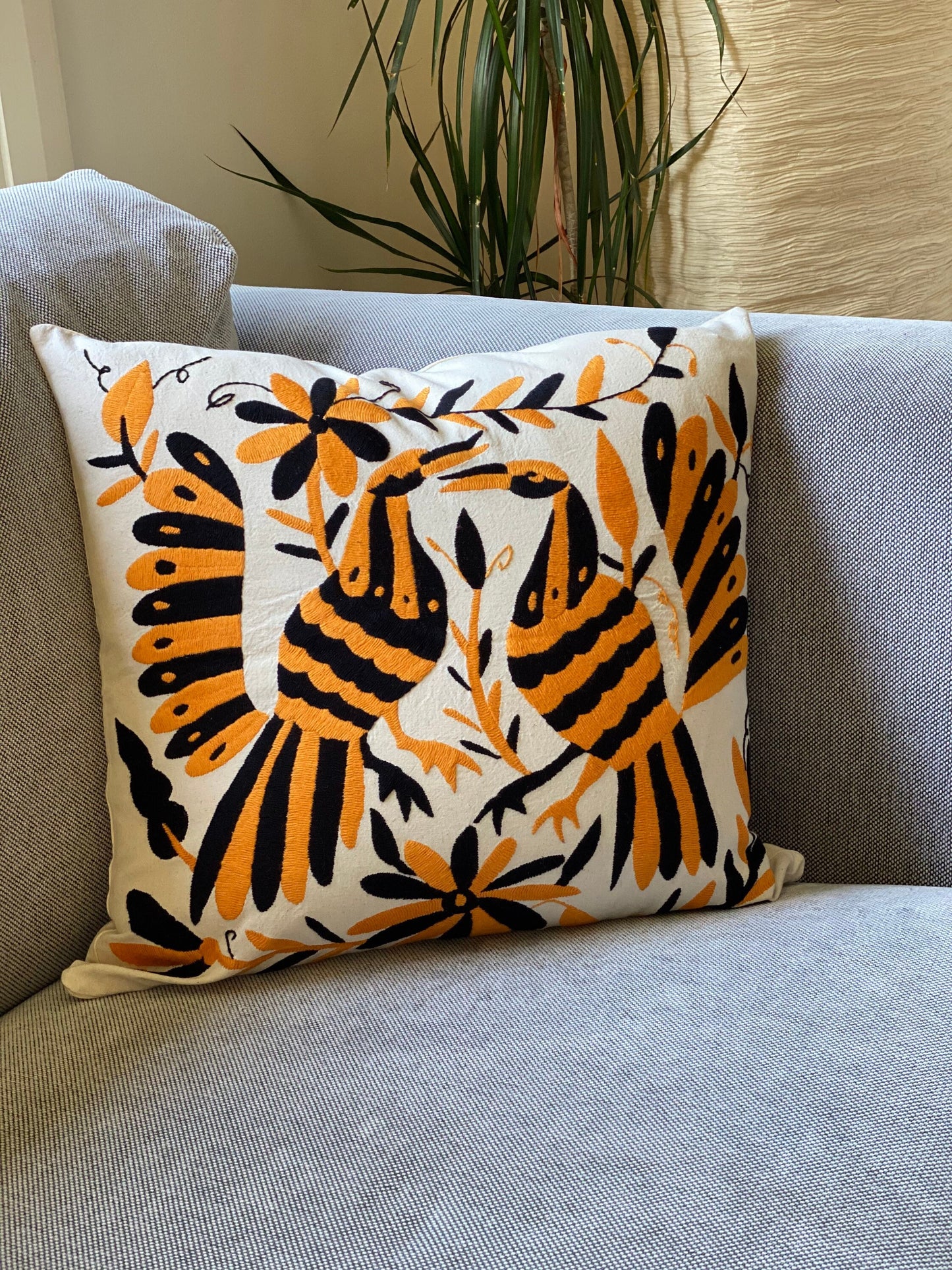 Otomi Cushion Cover - Black-Gold Bird Tenango