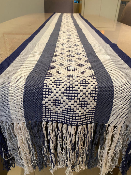 Handwoven Zapotec Table Runner - Shades of Blue and Grey